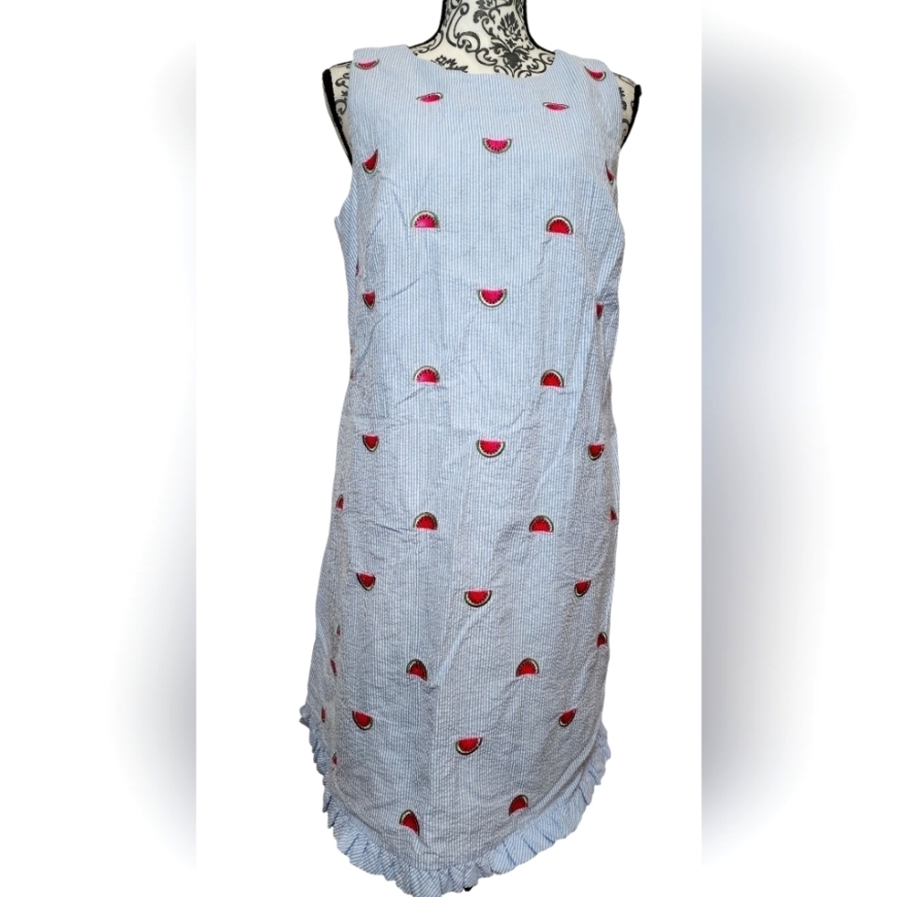 Talbots Light Blue & White Seersucker Mini Dress with Pink Watermelon Embroidery